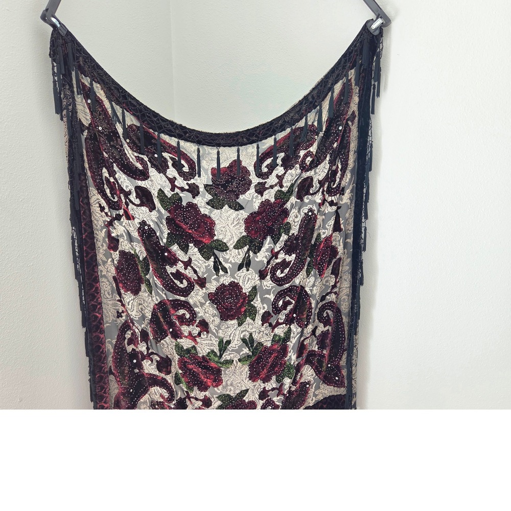 Vintage Beaded Velvet Red Rose Shawl Wrap Black Burgundy Embellished Tassel